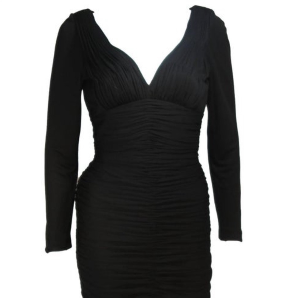 VICKY TIEL Couture Black Long Sleeve Rouched Jersey Cocktail Dress